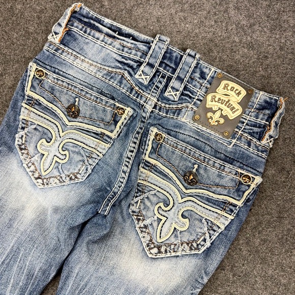 Rock Revival Rafael Slim Taper Jeans Mens Blue Denim 28x29 Embellished Pockets